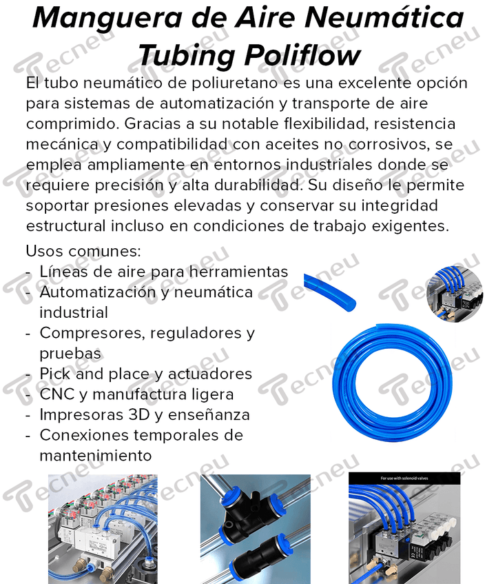 1 Metro de Manguera de Aire Neumática 6mm Tubing Poliflow Varios Colores - Tecneu