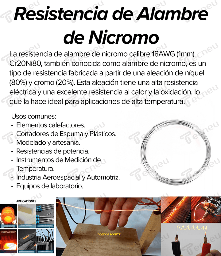 1 Metro Resistencia De Alambre Nicromo Calibre 20AWG 0.8mm Cr20Ni80 Nicrome - Tecneu