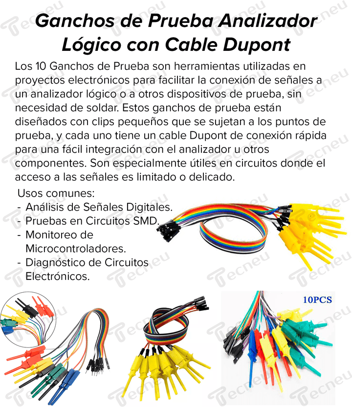 10 Ganchos De Prueba Analizador Logico Clip Con Cable Dupont - Tecneu