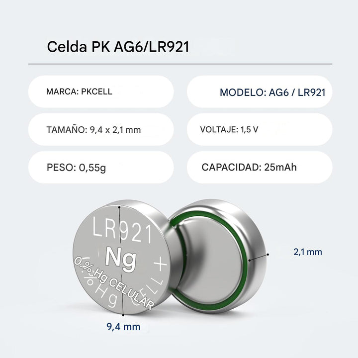 10 Piezas Batería Alcalina AG6 (D371, LR921) 1.5V 2.0mm - Tecneu
