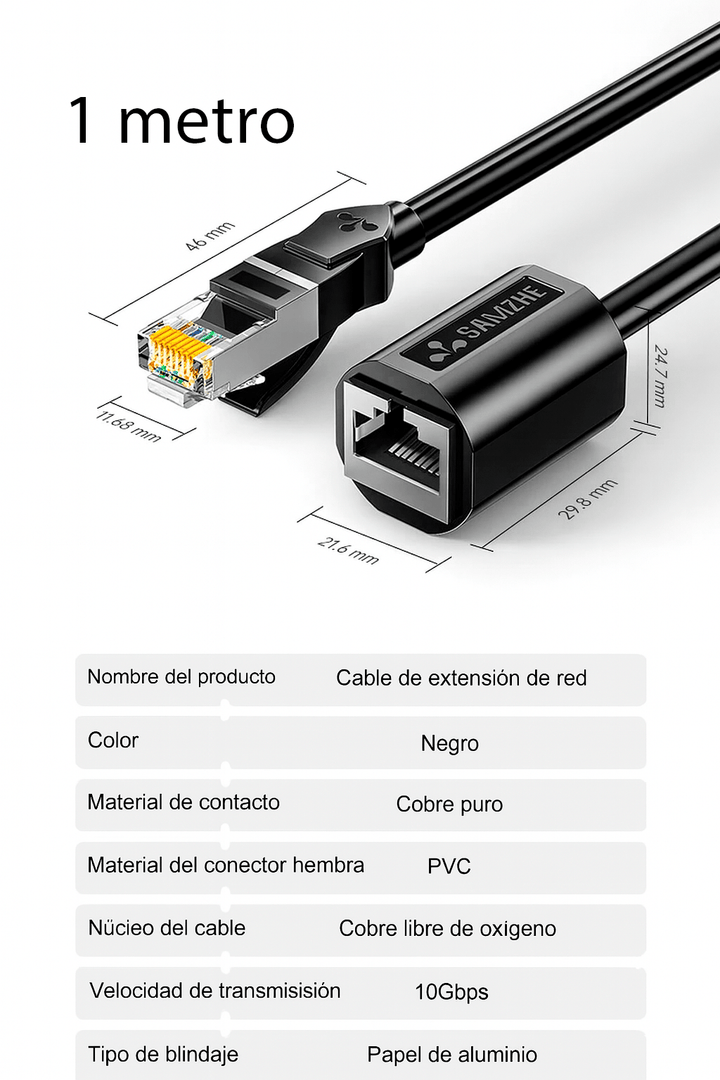 1mts Cable Extensión Ethernet RJ45 Macho a Hembra Cat6 10Gbps - Tecneu