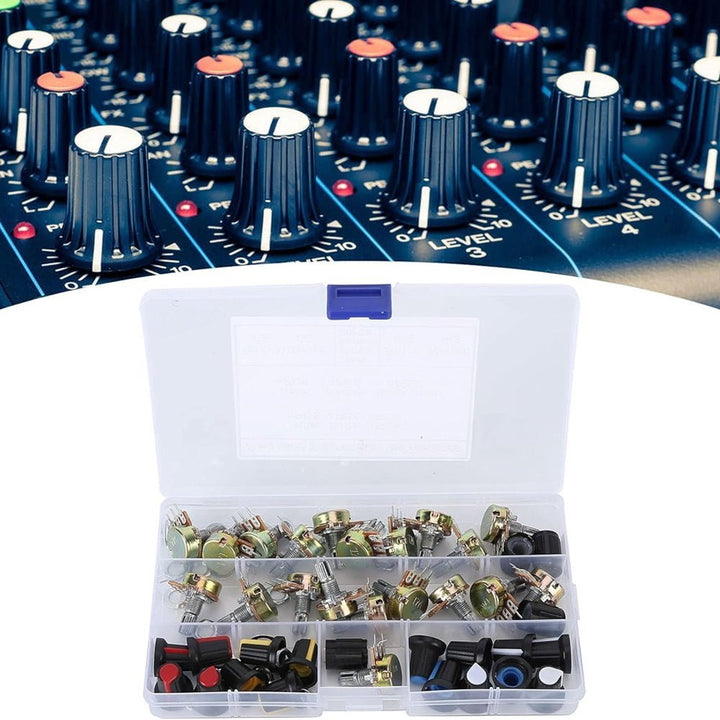 20 Potenciómetros 10 Valores De 1k A 1m + 20 Perillas + Caja Organizadora - Tecneu