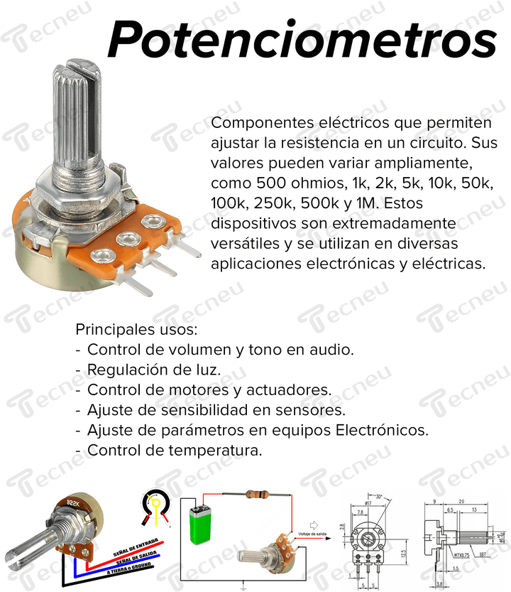 20 Potenciómetros 10 Valores De 1k A 1m + 20 Perillas + Caja Organizadora - Tecneu