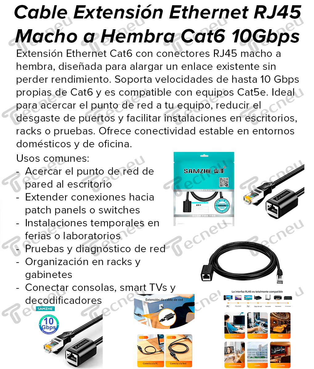 3mts Cable Extensión Ethernet RJ45 Macho a Hembra Cat6 10Gbps - Tecneu