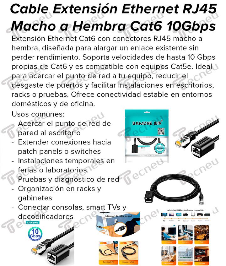 3mts Cable Extensión Ethernet RJ45 Macho a Hembra Cat6 10Gbps - Tecneu