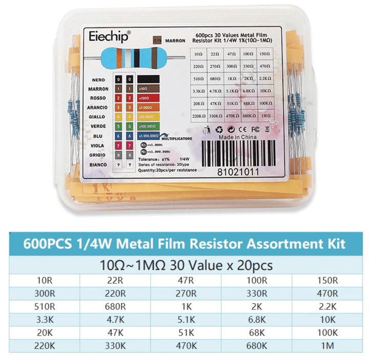 600 Resistencias 30 Valores 1% 1/4w En Caja - Tecneu