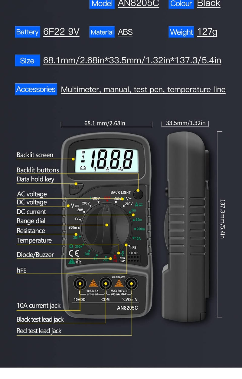 Kit Multímetro Digital An8205c Voltímetro Ac/dc Con Probadores Y Termopar