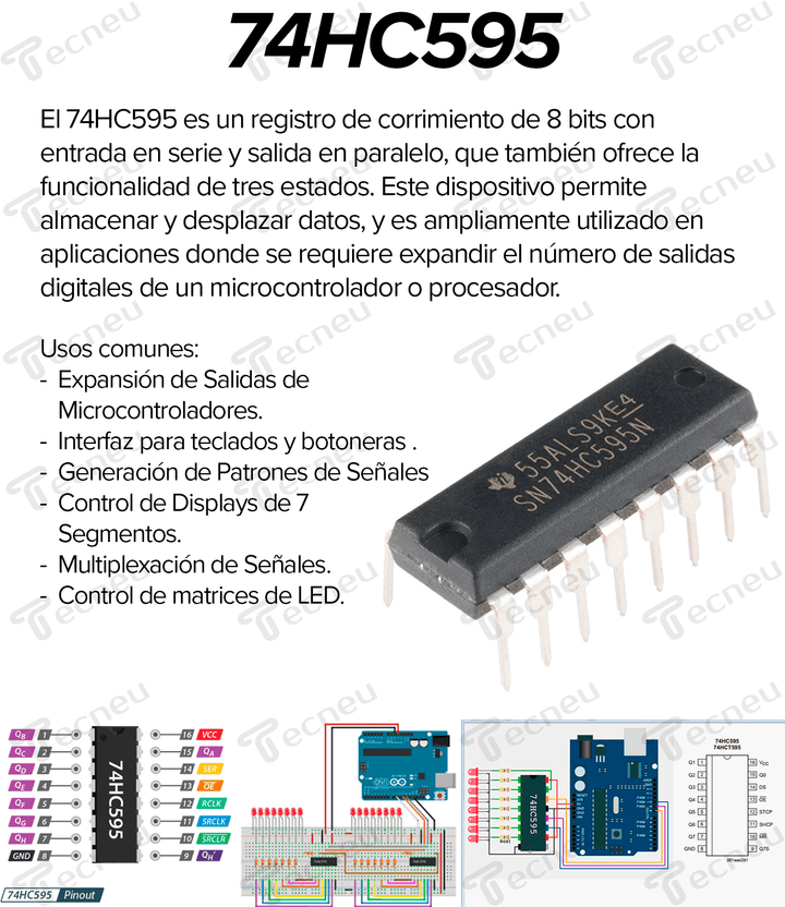 Registro de Corrimiento de 8 bits 74HC595 en Serie/Paralelo con tres estados - Tecneu