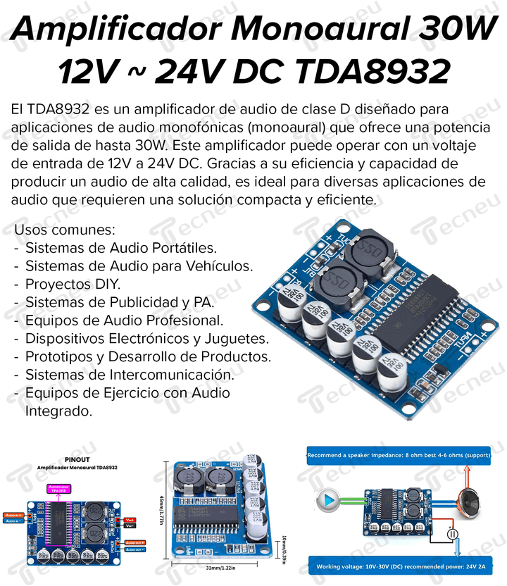 Amplificador Monoaural 30w 12v ~ 24v Dc Tda8932 - Tecneu
