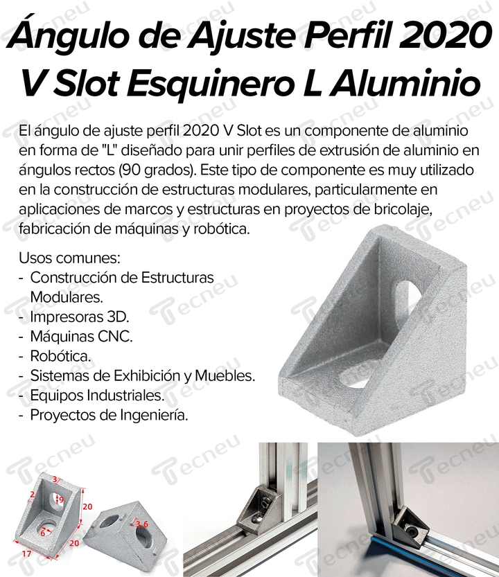 Angulo De Ajuste Perfil 2020 V Slot Esquinero L Aluminio - Tecneu