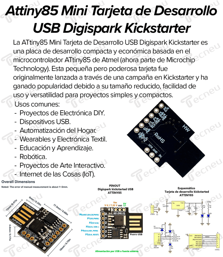 Attiny85 Mini Tarjeta Desarrollo Usb Digispark Kickstarter - Tecneu