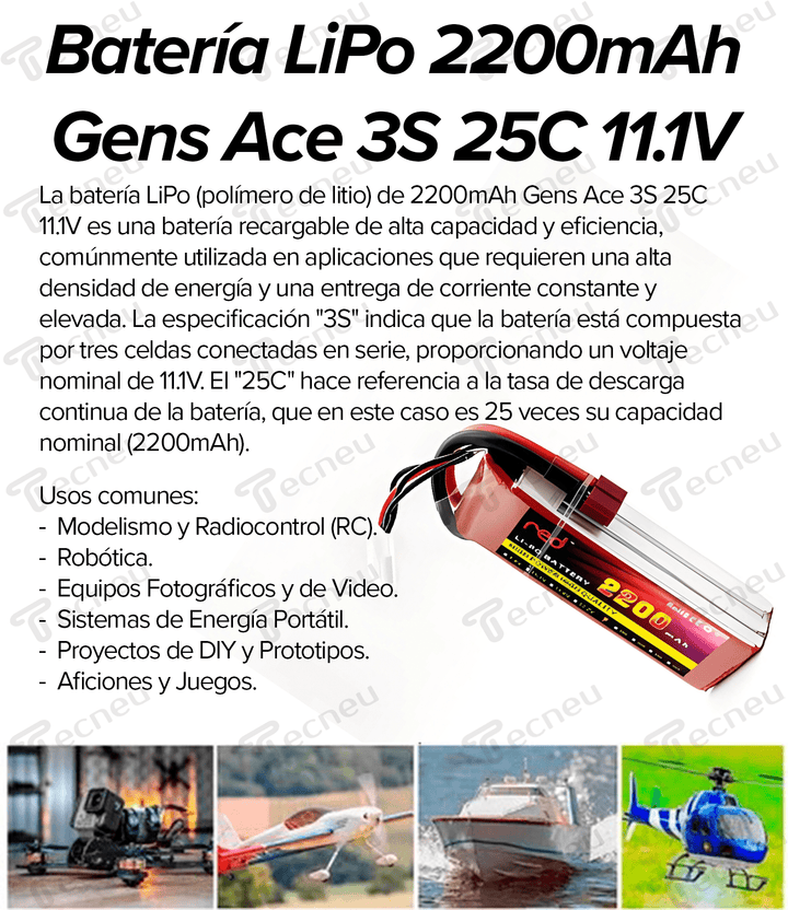 Batería Lipo 2200mah Gens Ace 3s 25c 11.1v Conector Estilo T - Tecneu