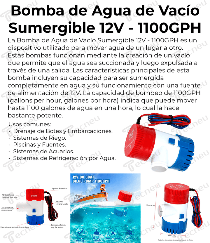 Bomba Eléctrica De Agua 12v Sumergible Centrífuga 1100GPH Achique Marino - Tecneu