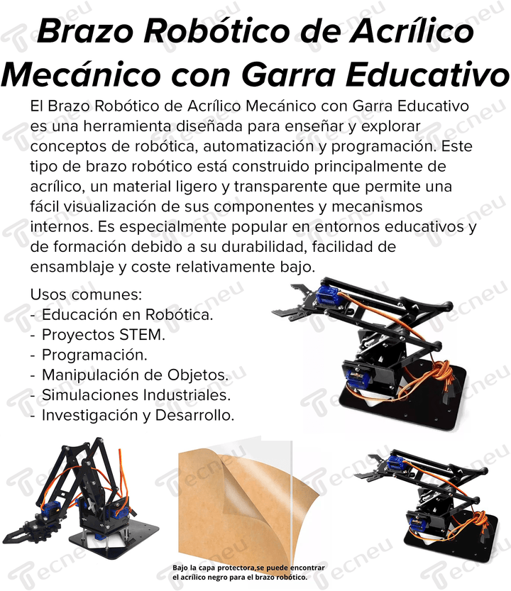 Brazo Robotico De Acrílico Mecánico Garra Educativo - Tecneu