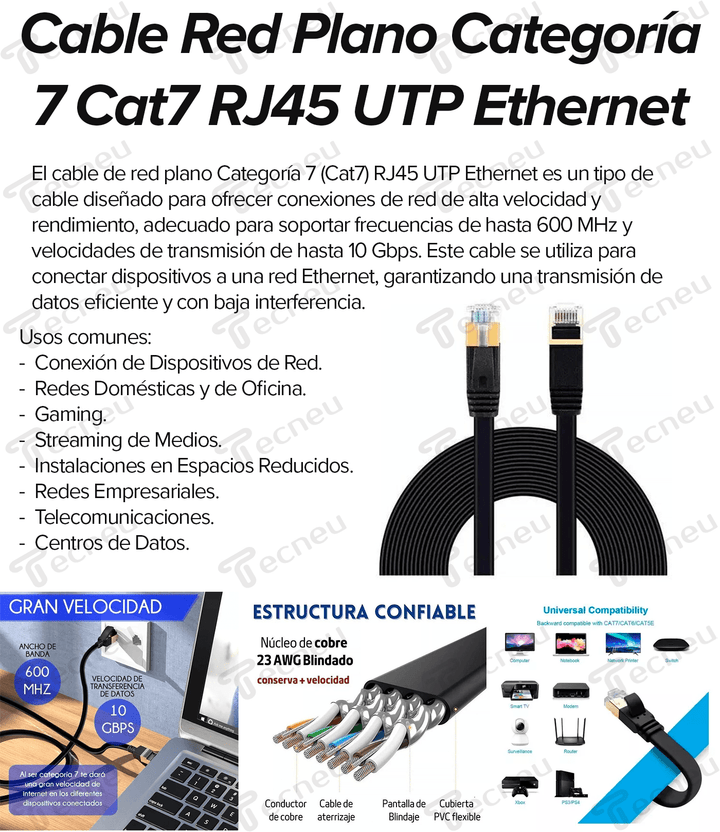 Cable Red Plano Categoria 7 Cat7 Rj45 Utp Ethernet 10 Metros - Tecneu