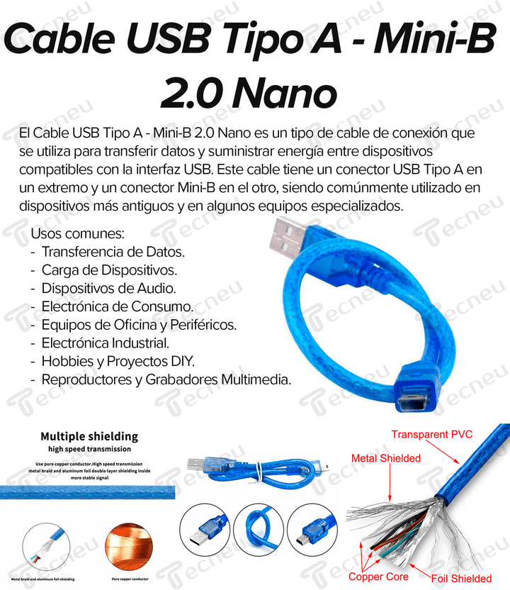Cable Usb Tipo A - Mini - b 2.0 Nano - Tecneu