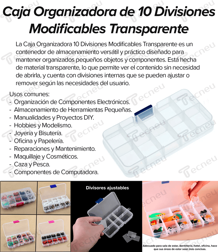 Caja Organizadora 10 Divisiones Modificables Transparente - Tecneu