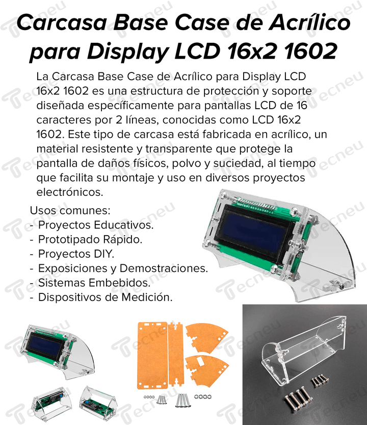 Carcasa Base Case Acrílico Para Display Lcd 16x2 1602 - Tecneu