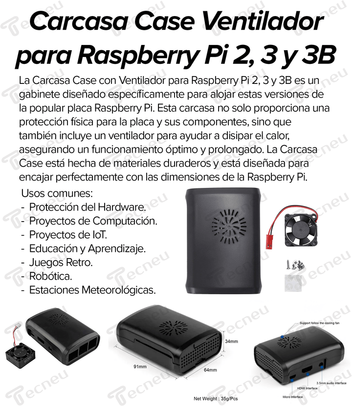 Carcasa Case Ventilador Raspberry Pi 2 3 3b Negro - Tecneu