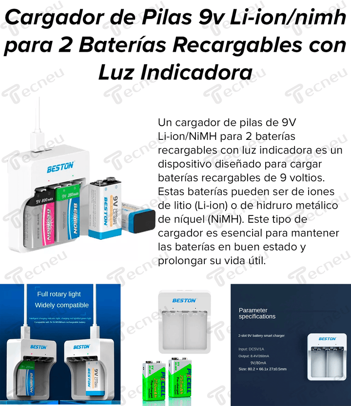 Cargador De Pilas 9v Li - ion/nimh Para 2 Baterías Recargables Con Luz Indicadora - Tecneu