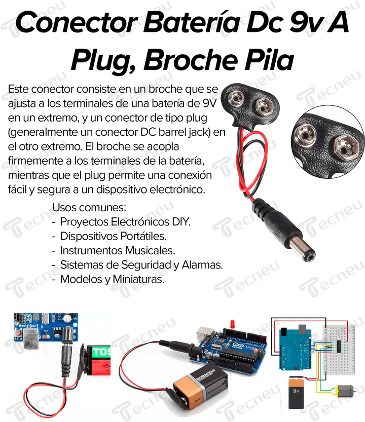 Conector Batería Dc 9v A Plug, Broche Pila - Tecneu