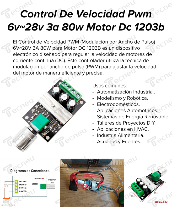 Control De Velocidad Pwm 6v~28v 3a 80w Motor Dc 1203b - Tecneu