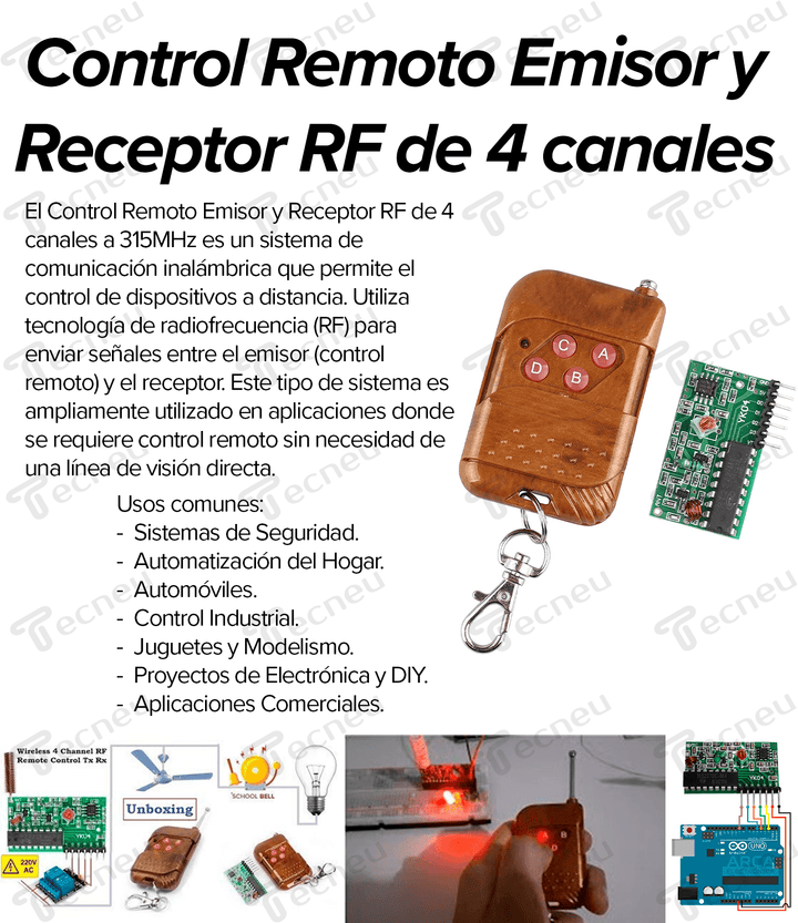 Control Remoto Emisor Y Receptor Rf 4 Canales 315mhz - Tecneu