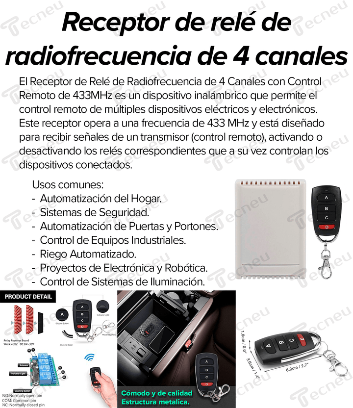 Receptor de relé de radiofrecuencia de 4 canales Control Remoto 433mHz - Tecneu