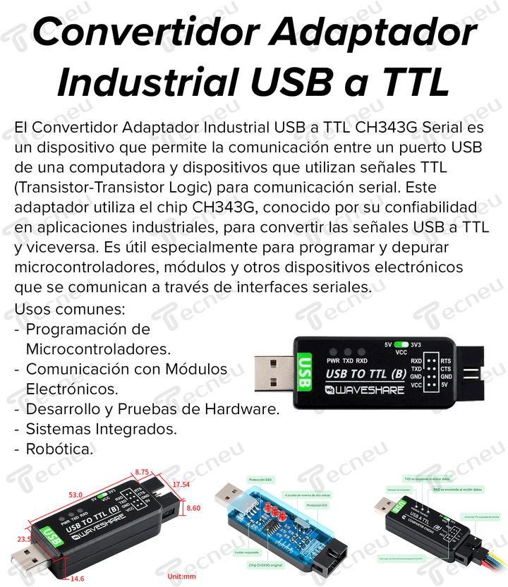 Convertidor Adaptador Industrial USB a TTL CH343G Serial - Tecneu
