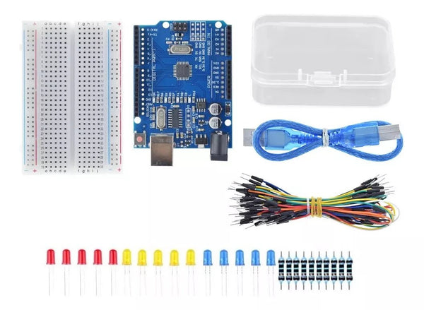 Kit Arduino Uno Con Proto 400 Pts, Jumpers, Resistencias, Leds Y Más!