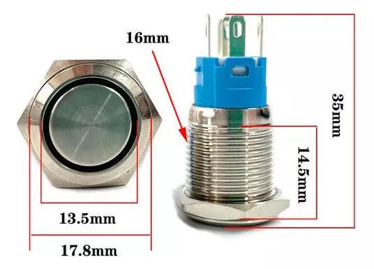 Push Button Metal Iluminado 12v-24v 5a 16mm 125v Impermeable - Tecneu