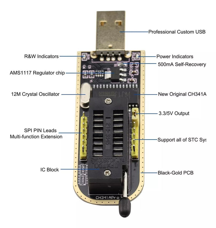 Programador Ch341a Spi Flash Eeprom Bios Series 24 Y 25 - Tecneu