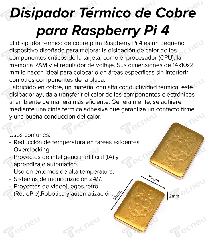 Disipador térmico de cobre para Raspberry Pi 4 14x10x2 mm - Tecneu