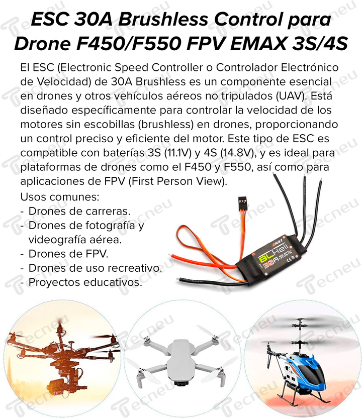 Esc 30a Brushless Control Drone F450 F550 Fpv Emax 3s 4s - Tecneu