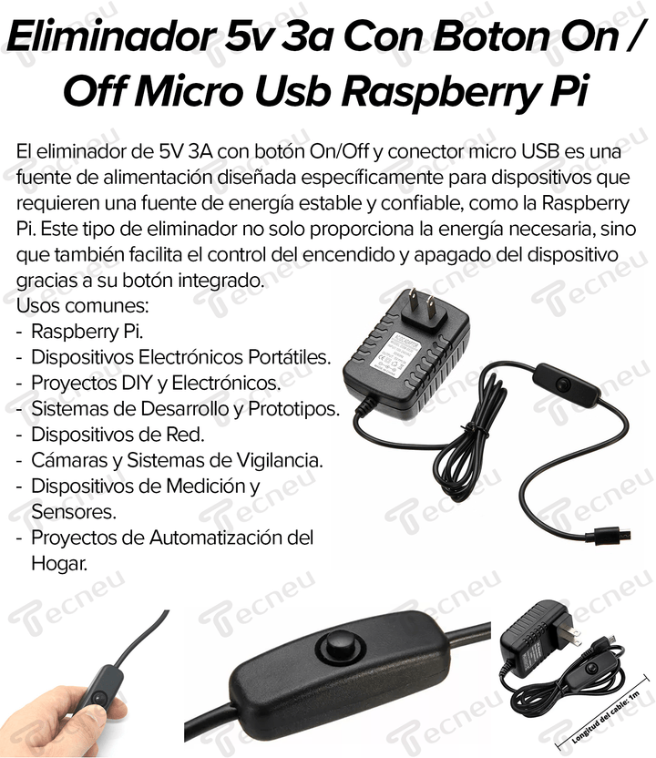 Eliminador 5v 3a Con Boton On / Off Micro Usb Raspberry Pi - Tecneu