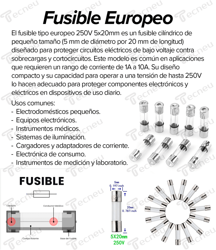 Fusible Tipo Europeo 250V 5x20mm Protección 1A - 10A - Tecneu