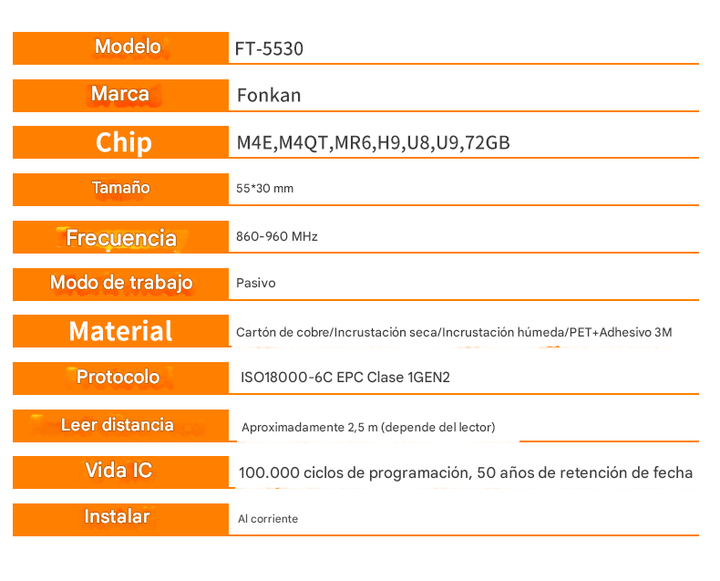 Etiqueta Adhesiva Tag Uhf Rfid 860 - 960mhz Epc Gen2 hasta 2.5m de alcance FT5530 - Tecneu