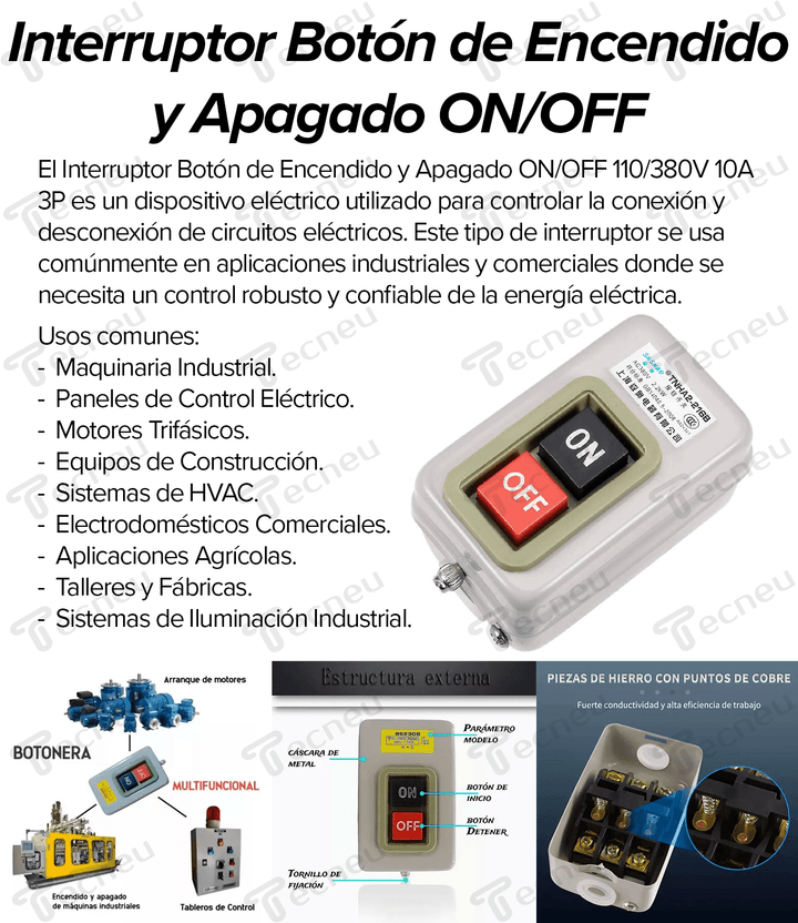 Interruptor Boton Encendido Y Apagado ON OFF 110/380v 10a 3p - Tecneu