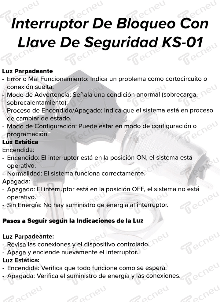 Interruptor De Bloqueo Con Llave De Seguridad KS - 01 ON OFF - Tecneu