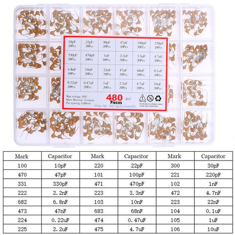Kit 480 Capacitores Cerámicos Monolitico 24 Valores 10pf-1uf