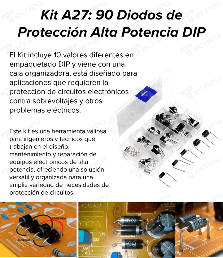 Kit A27 90 Diodos de Protección Alta Potencia 10 Valores Diferentes DIP Con Caja Organizadora - Tecneu