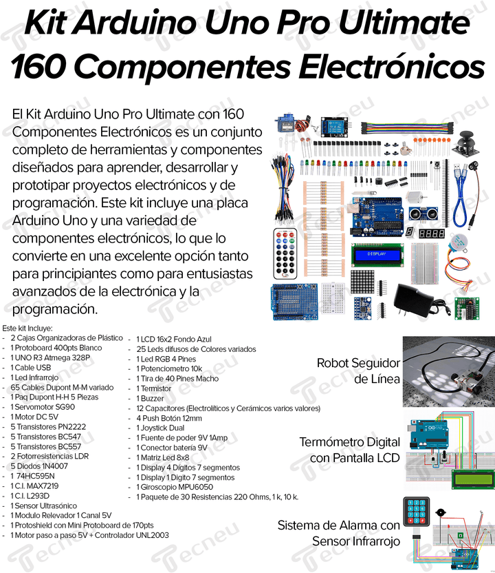 Kit Arduino Uno Pro Ultimate 160 Componentes Electrónicos - Tecneu