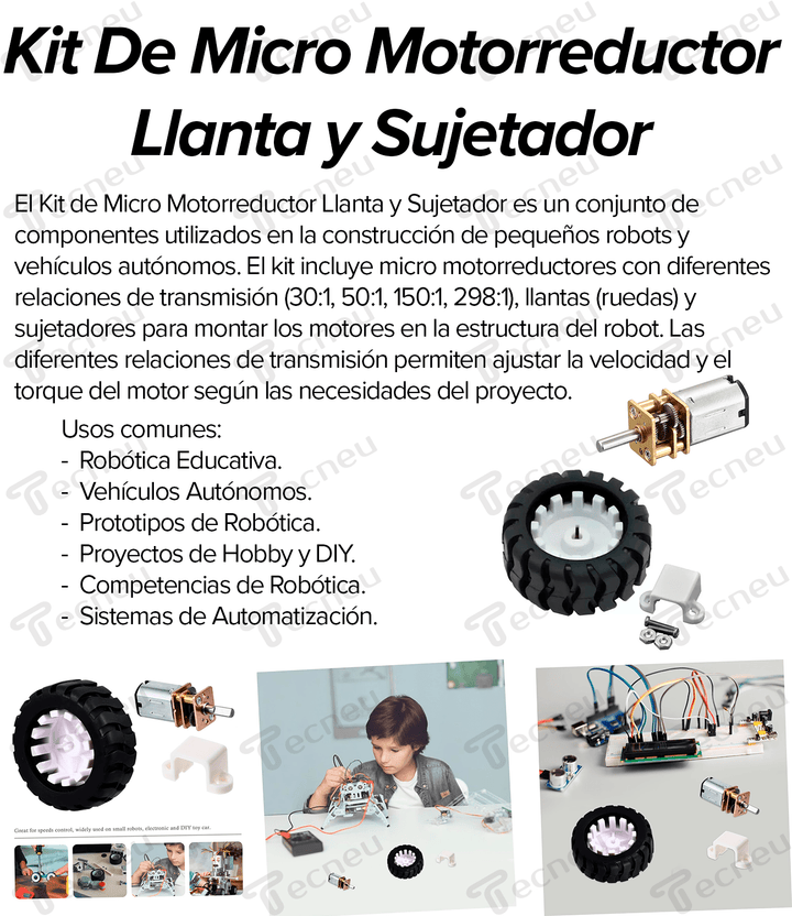 Kit De Micro Motorreductor Llanta Y Sujetador 30:1,50:1,150:1,298:1 - Tecneu