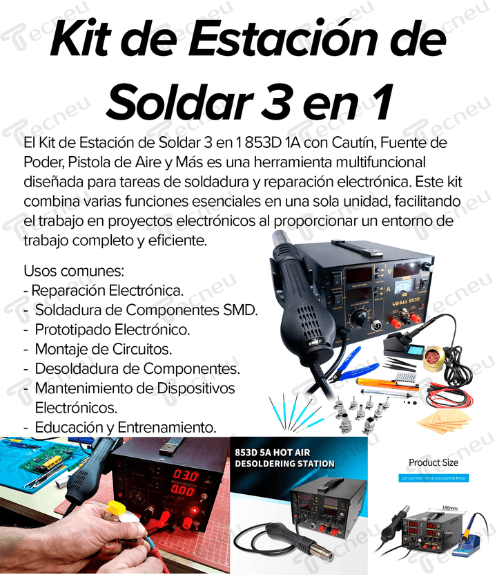 Kit De Estación Soldar 3 En 1 853d 1a Con Cautin, Fuente De Poder Pistola Aire Y Más - Tecneu