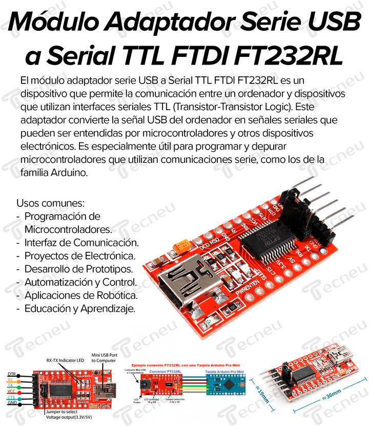 Modulo Adaptador Serie Usb A Serial Ttl Ftdi Ft232rl 3.3v 5v - Tecneu