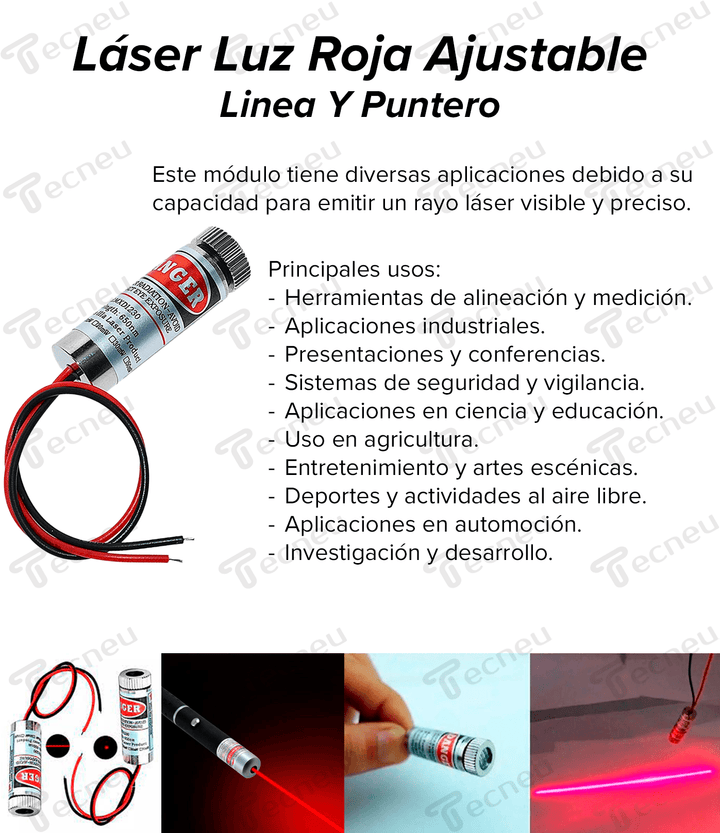 Modulo Láser Luz Roja Ajustable Linea Y Puntero 5mw 650nm 5v Distancia 400 Metros - Tecneu