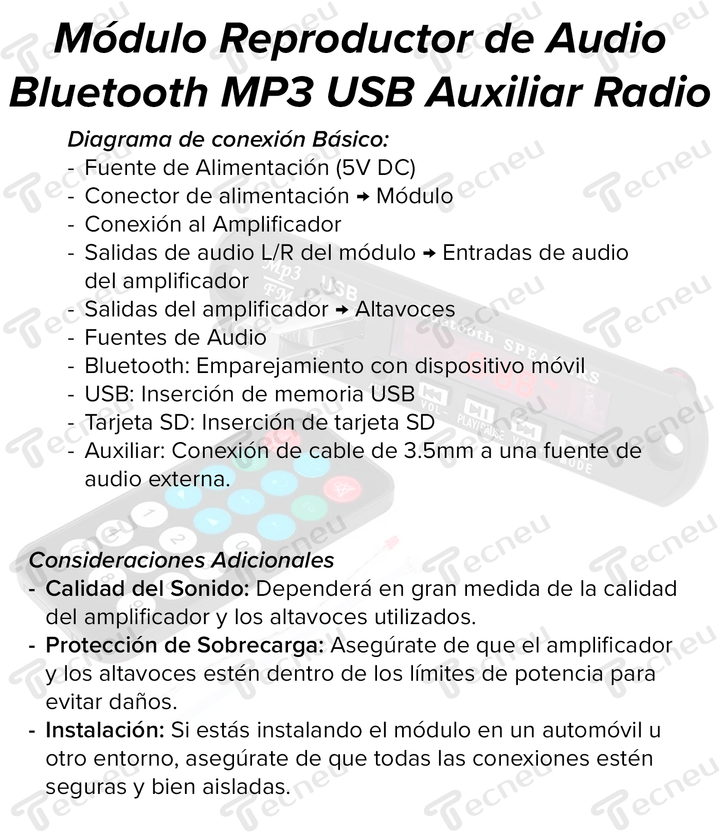 Modulo Reproductor Audio Mp3 Stereo Bluetooth Auxiliar Usb - Tecneu