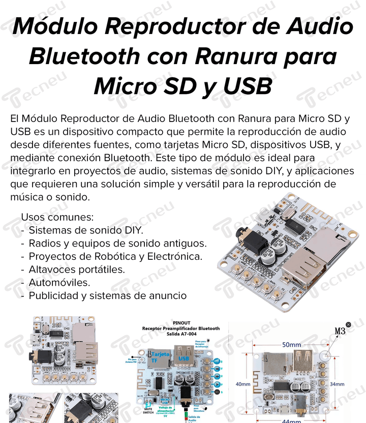 Módulo Reproductor De Audio Bluetooth Ranura Micro Sd Usb - Tecneu