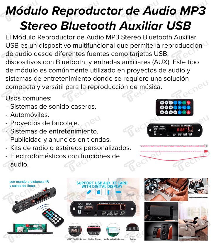 Modulo Reproductor Audio Mp3 Stereo Bluetooth Auxiliar Usb - Tecneu