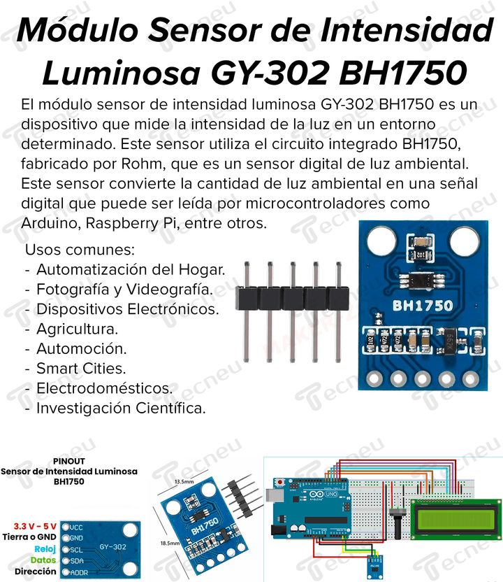 Modulo Sensor De Intensidad Luminosa Luz Gy - 302 Bh1750 - Tecneu